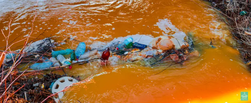 HHTS-A trash-filled body of water painted yellow due to pollution